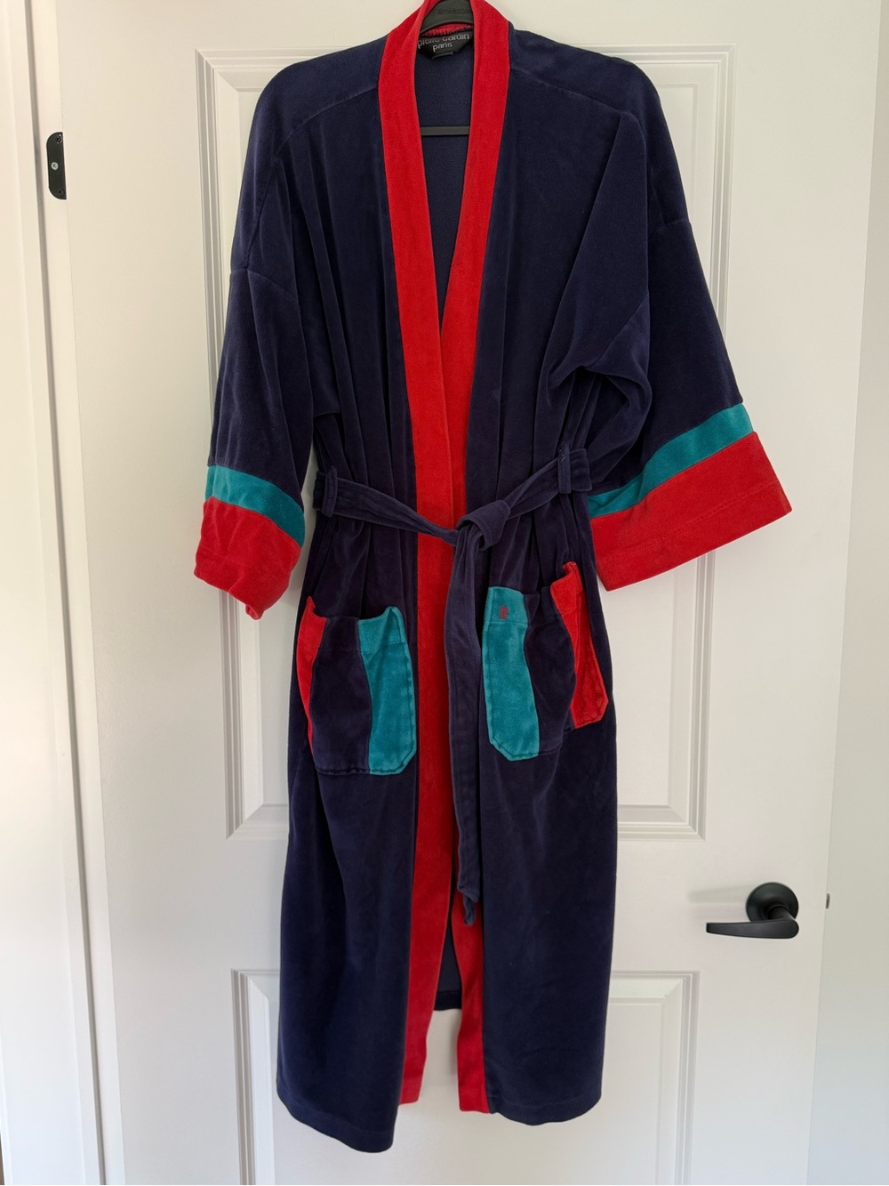 Pierre Cardin Navy Plush Kids Robe with Red Trim and Teal Accents